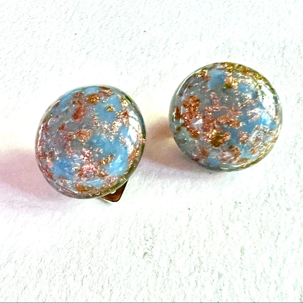 Vintage Venetian Ear Clips Glass Handmade Artisan Crafted Earrings Blue Gold
